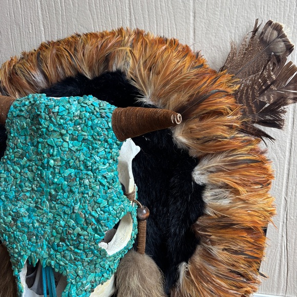 Turquoise Skull Wall Hanging Fur Feathers Leathers Accents - Picture 5 of 12